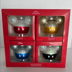 Disney Hallmark Holiday Glass Ornaments Mickey Ears Gold Black Red Blue Set of 4
